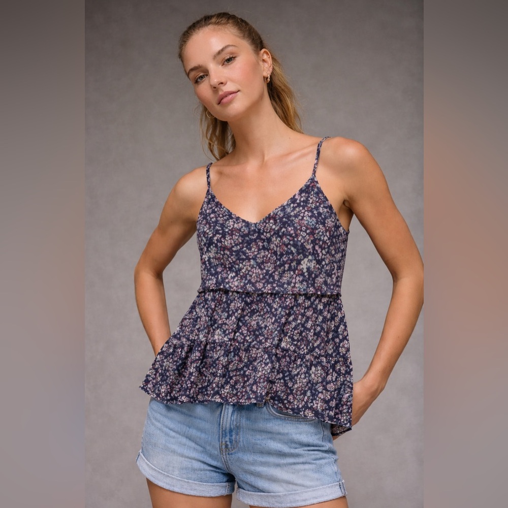American Eagle| Navy Floral Ruffle Tank